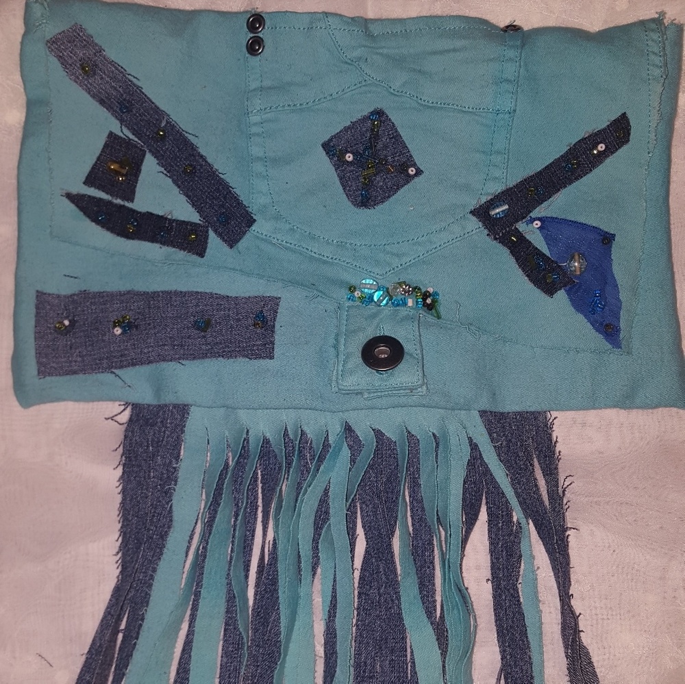 Custom Made denim and fringe clutch with beading
